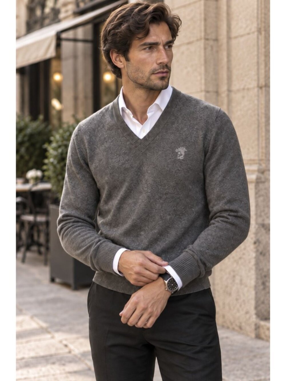 Versace Collection Mens L Gray Wool V Neck Sweater Embroidered Medusa Logo